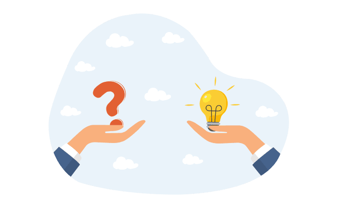 Illustration of two hands holding a question mark and a light bulb, representing curiosity and ideas.