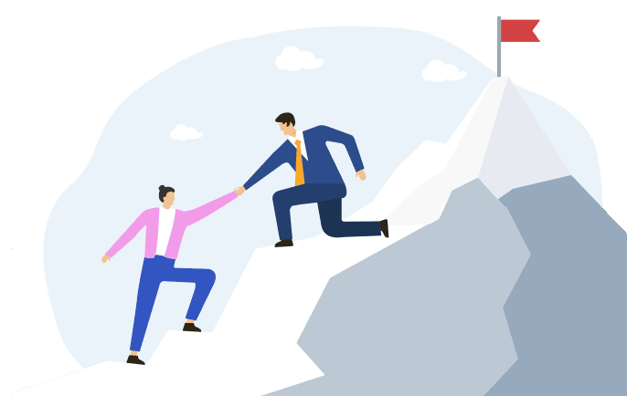 Illustration of two people working together to reach the top of a mountain.